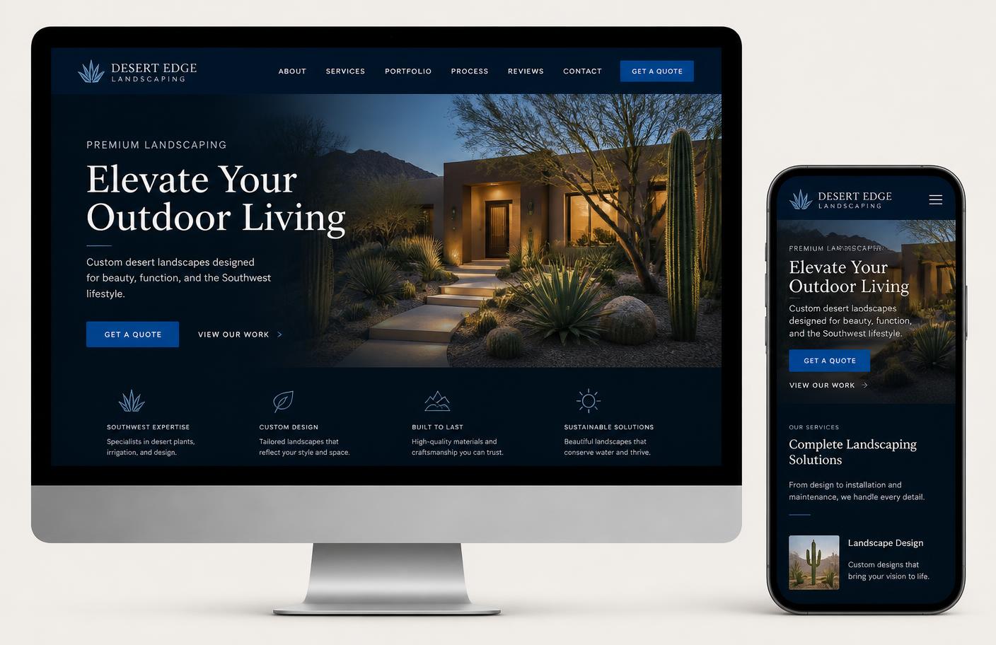 Desert Edge Landscaping website design shown on a desktop monitor and a phone