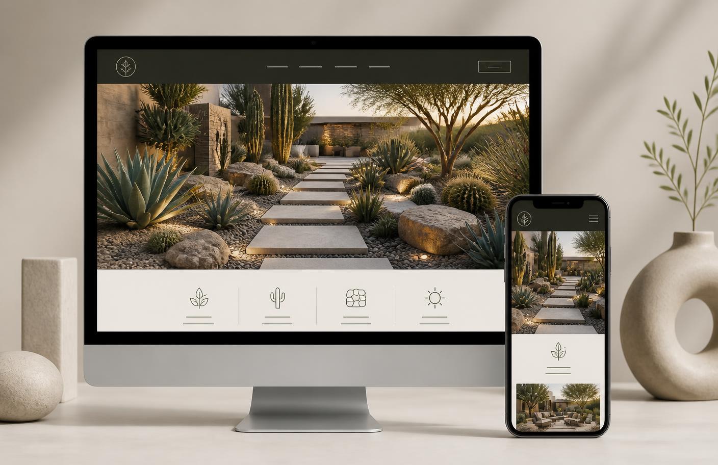 Desert Peak Landscaping website design shown on a desktop monitor and a phone